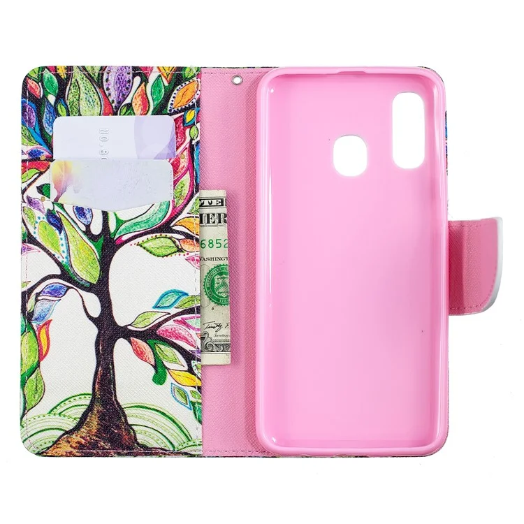 Pattern Printing Leather Wallet Case for Samsung Galaxy A40 - Colorized Tree