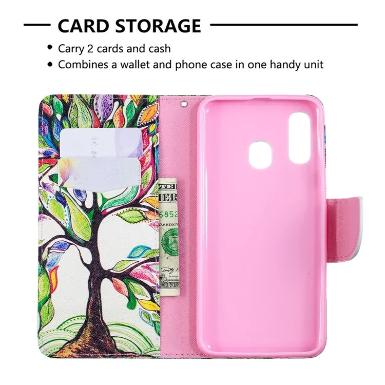 Pattern Printing Leather Wallet Case for Samsung Galaxy A40 - Colorized Tree