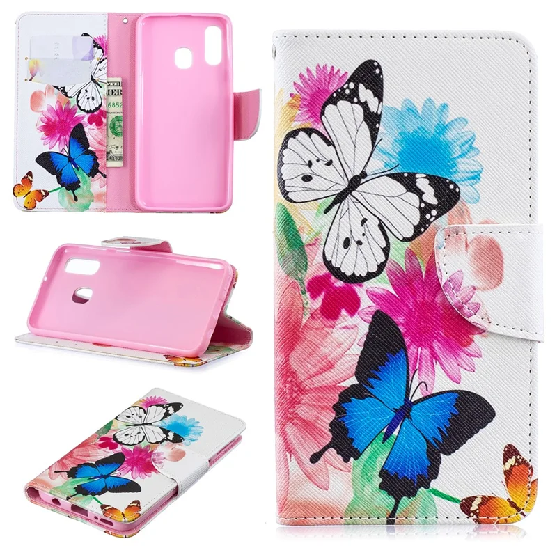 Pattern Printing Leather Wallet Case for Samsung Galaxy A40 - Vivid Butterflies