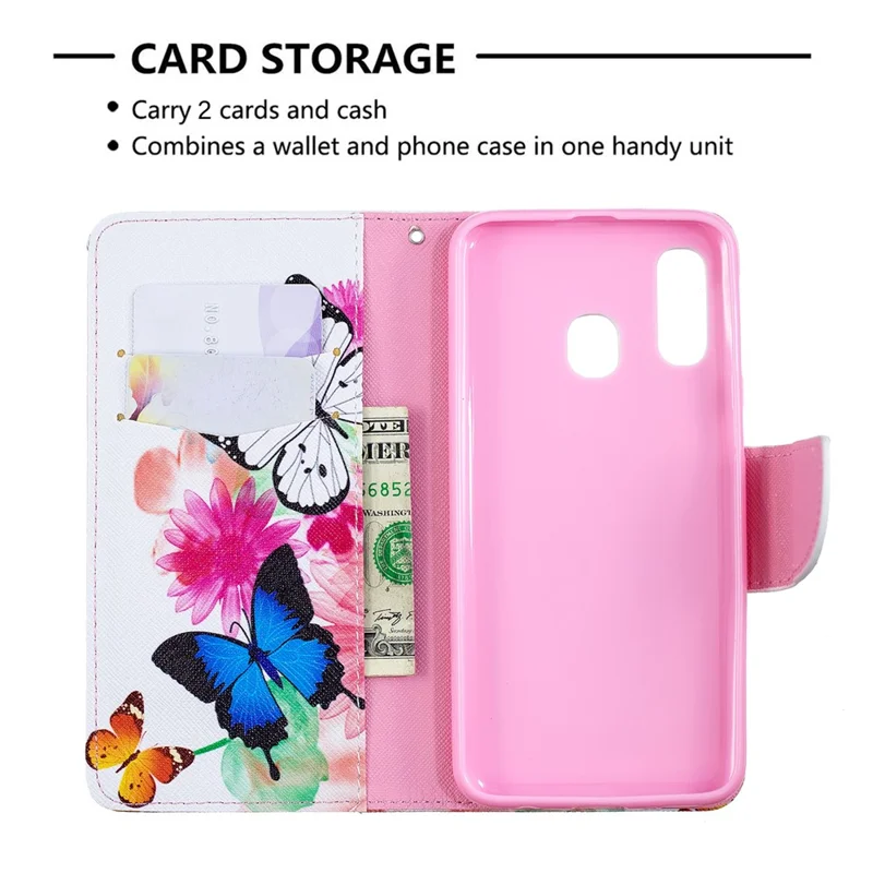 Pattern Printing Leather Wallet Case for Samsung Galaxy A40 - Vivid Butterflies