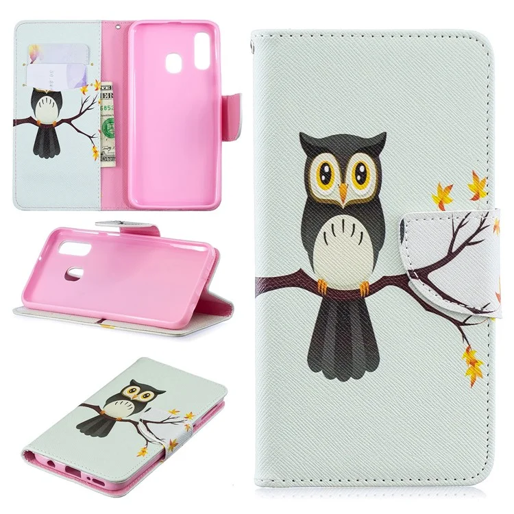 Pattern Printing PU Leather Flip Cell Phone Case for Samsung Galaxy A40 - An Owl Standing on Branch