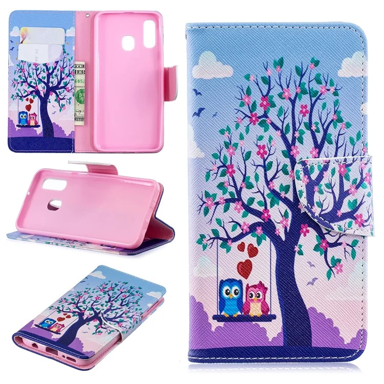 Pattern Printing PU Leather Flip Cell Phone Case for Samsung Galaxy A40 - Two Swinging Owls