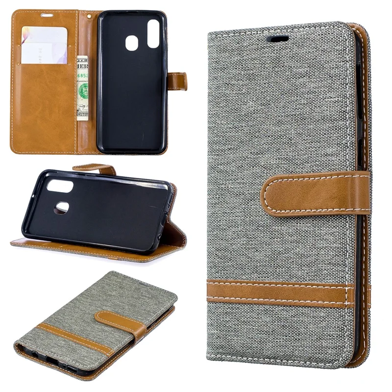 Assorted Color Jeans Cloth Wallet Leather Case Cover for Samsung Galaxy A40 - Grey