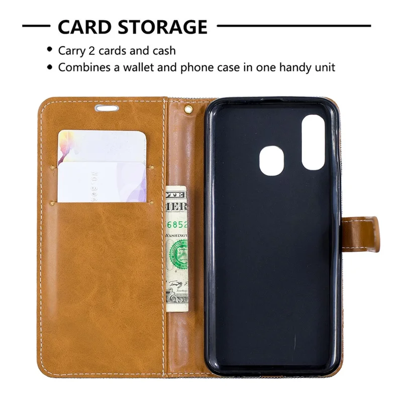 Assorted Color Jeans Cloth Wallet Leather Case Cover for Samsung Galaxy A40 - Grey