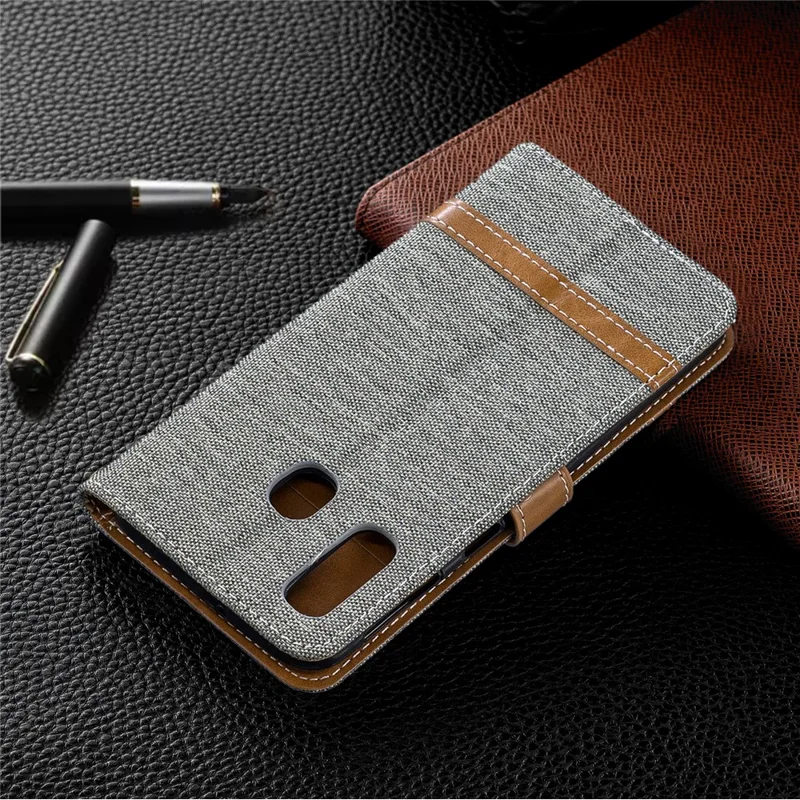 Assorted Color Jeans Cloth Wallet Leather Case Cover for Samsung Galaxy A40 - Grey