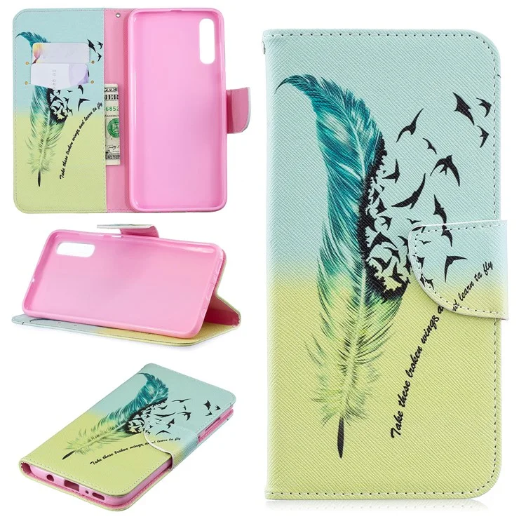 Pattern Printing PU Leather Wallet Stand Flip Cover for Samsung Galaxy A70 - Feather Pattern