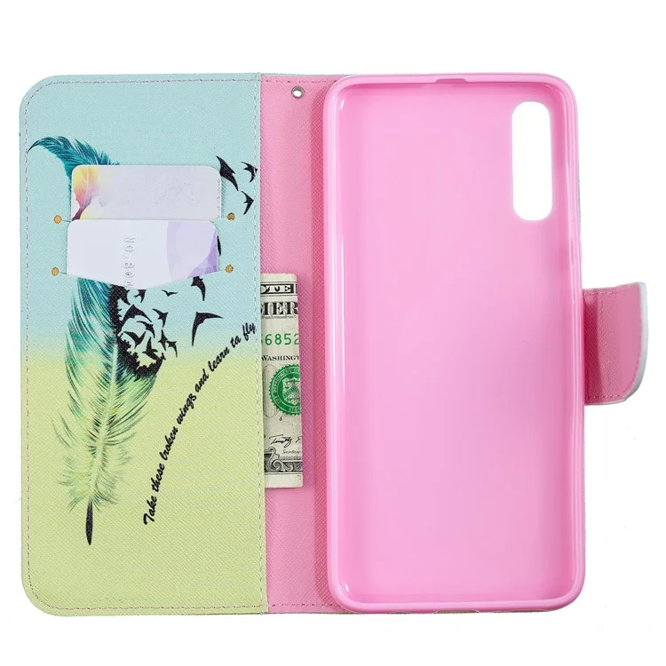 Pattern Printing PU Leather Wallet Stand Flip Cover for Samsung Galaxy A70 - Feather Pattern