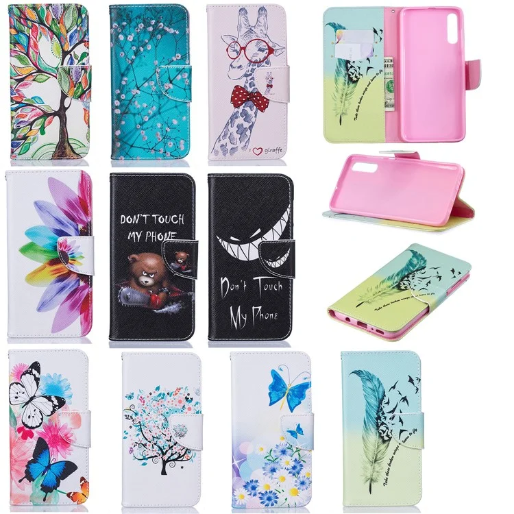 Pattern Printing PU Leather Wallet Stand Flip Cover for Samsung Galaxy A70 - Feather Pattern