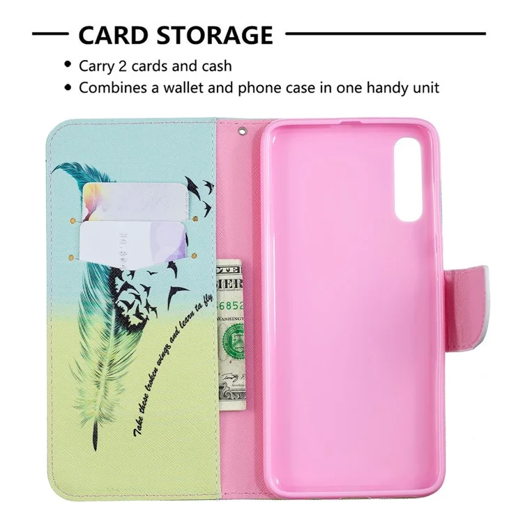 Pattern Printing PU Leather Wallet Stand Flip Cover for Samsung Galaxy A70 - Feather Pattern