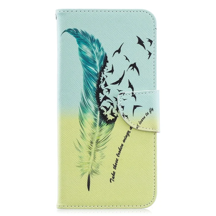 Modèle D'impression PU en Cuir de Support de Porte-étoile Pour Samsung Galaxy A70 - Motif de Plumes