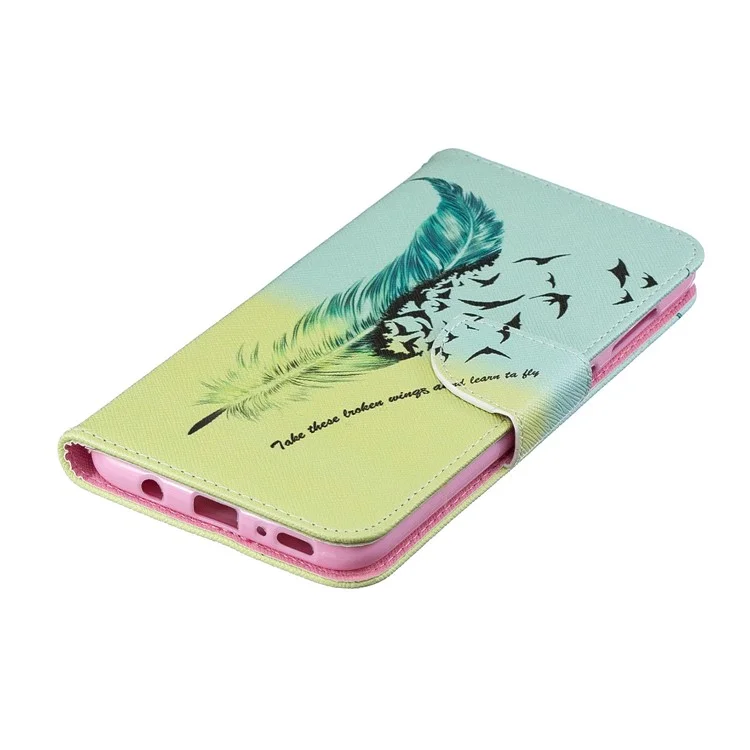 Pattern Printing PU Leather Wallet Stand Flip Cover for Samsung Galaxy A70 - Feather Pattern