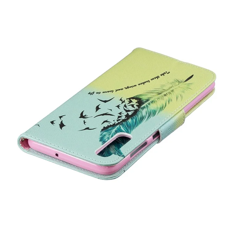 Pattern Printing PU Leather Wallet Stand Flip Cover for Samsung Galaxy A70 - Feather Pattern