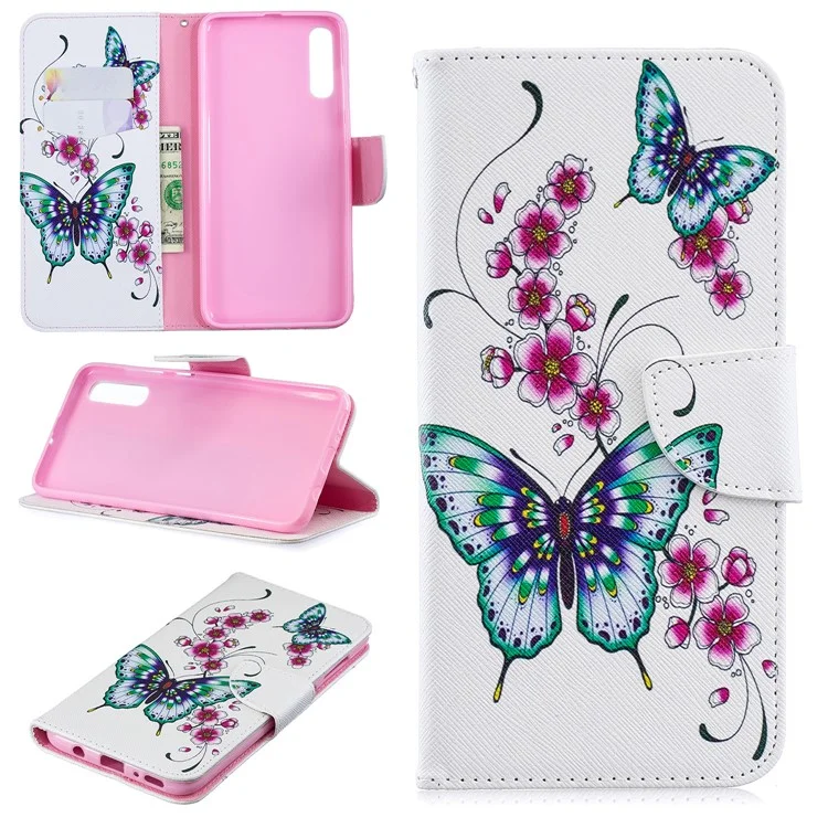 Para Samsung Galaxy A70 Pattern Printing Leather Stand Willet Case - Mariposa y Flor