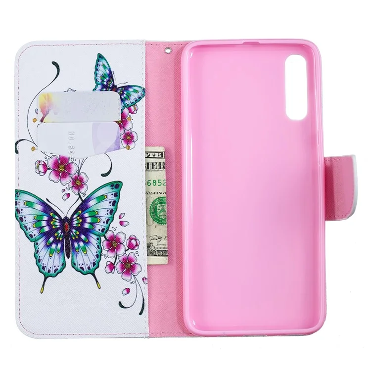 Para Samsung Galaxy A70 Pattern Printing Leather Stand Willet Case - Mariposa y Flor