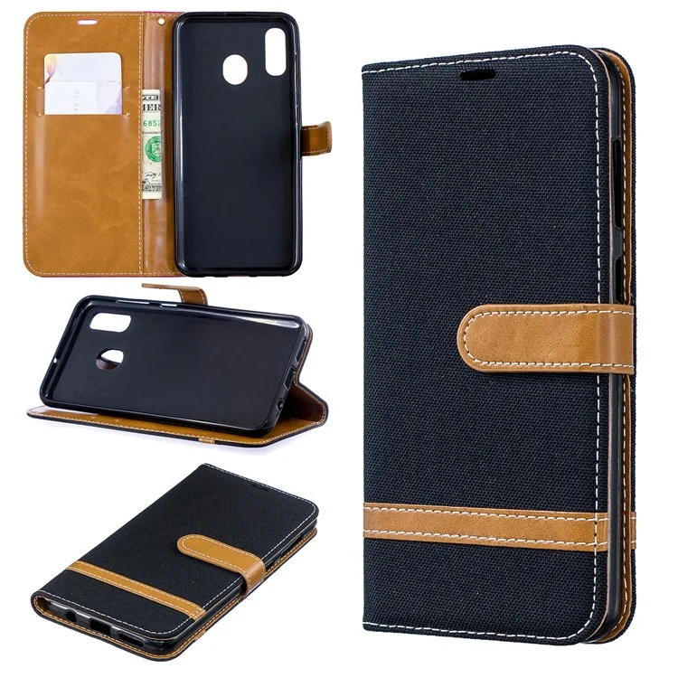 Custodia Flip in pelle PU e tessuto jeans bicolore per Samsung Galaxy A20 / A30 - Nero
