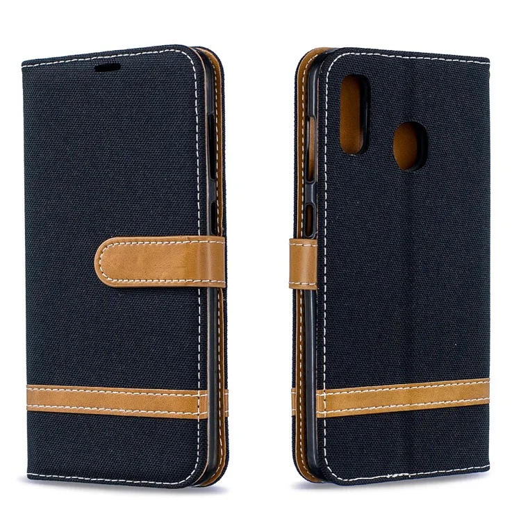 Custodia Flip in pelle PU e tessuto jeans bicolore per Samsung Galaxy A20 / A30 - Nero