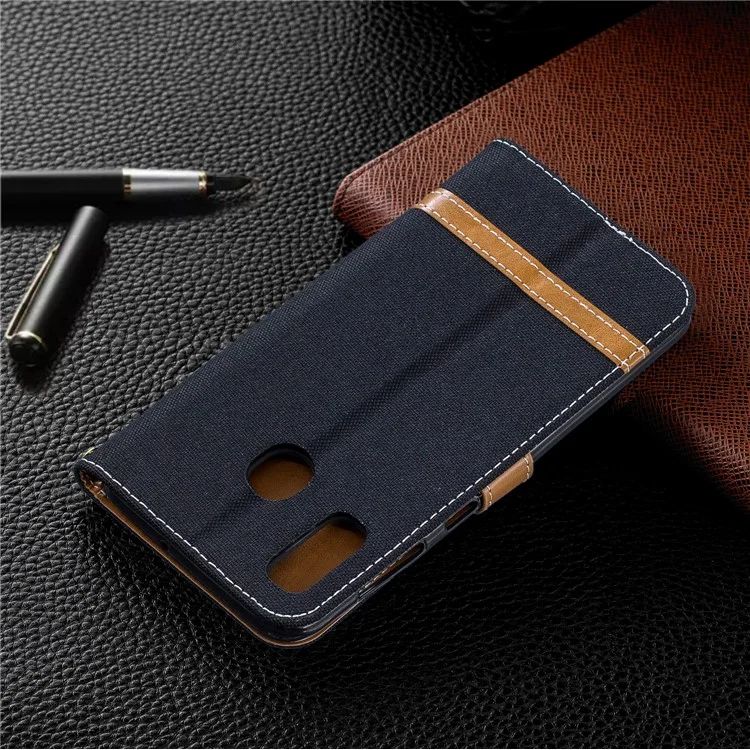 Custodia Flip in pelle PU e tessuto jeans bicolore per Samsung Galaxy A20 / A30 - Nero