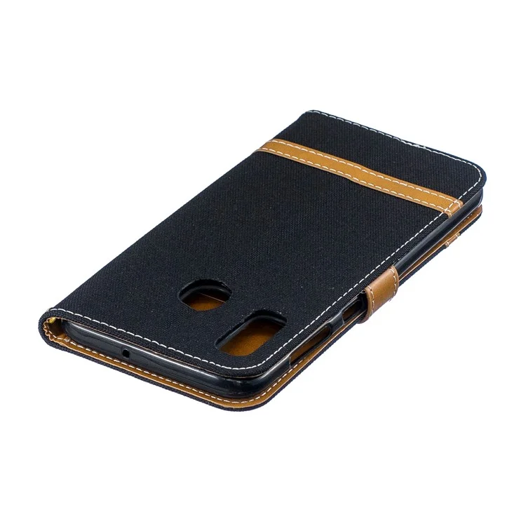 Two-tone Jean Cloth PU Leather Flip Case for Samsung Galaxy A20 / A30 -  Black