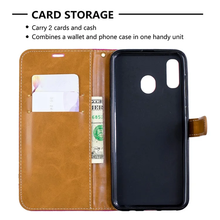 Custodia Flip in pelle PU e tessuto jeans bicolore per Samsung Galaxy A20 / A30 - Nero