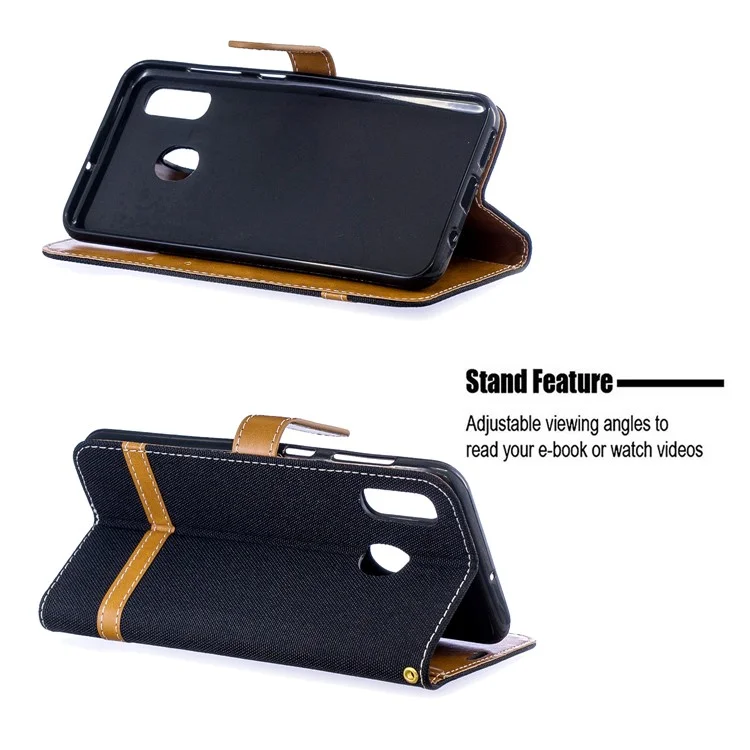 Two-tone Jean Cloth PU Leather Flip Case for Samsung Galaxy A20 / A30 -  Black