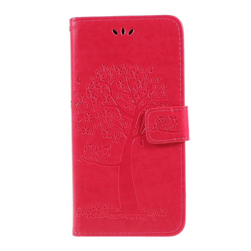 Imprint Tree Owl Magnetic Wallet PU Leather Cover with Stand for Samsung Galaxy A10 - Red