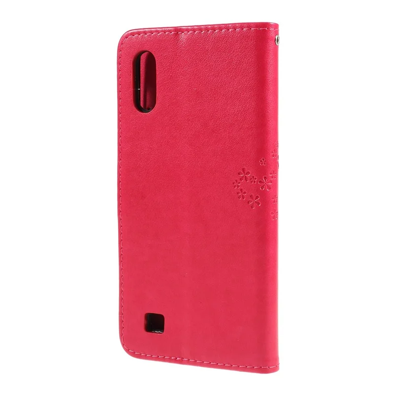 Imprint Tree Owl Magnetic Wallet PU Leather Cover with Stand for Samsung Galaxy A10 - Red