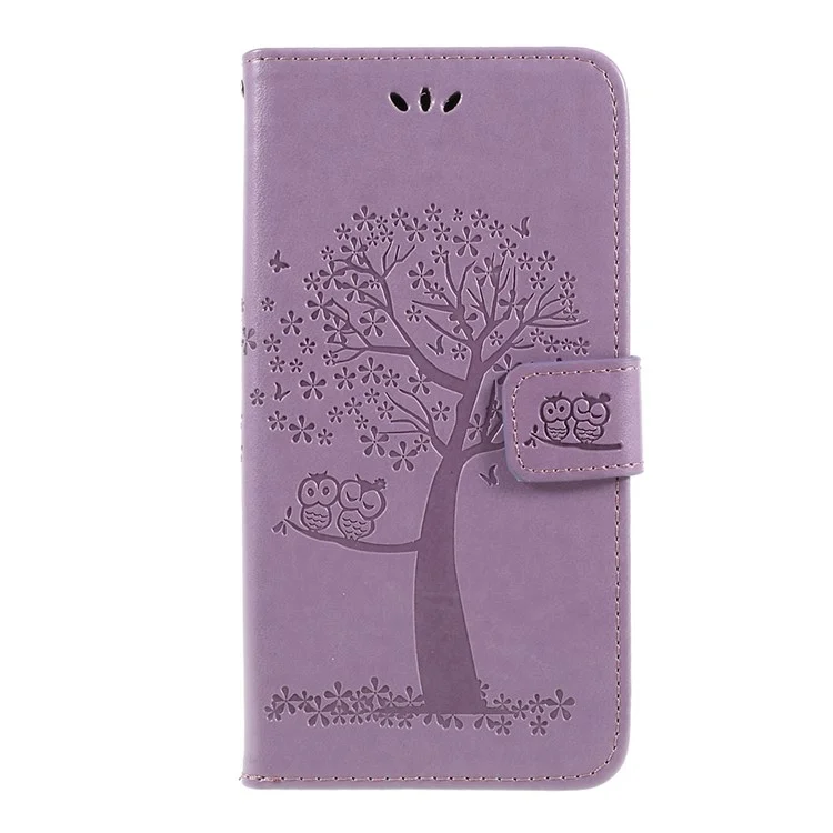 Funda de cuero sintético con soporte y cartera magnética con diseño de búho de árbol estampado para Samsung Galaxy A10 - Morado claro