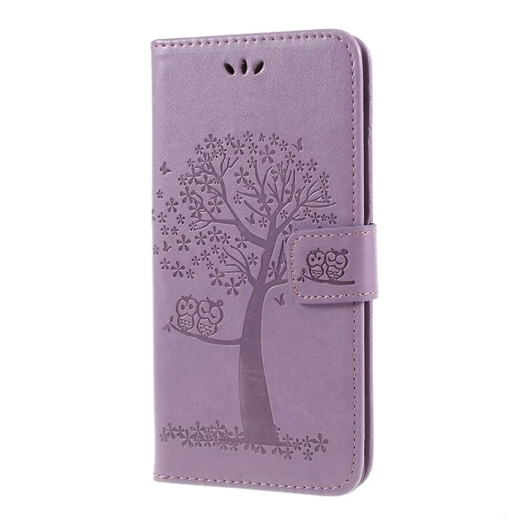 Funda de cuero sintético con soporte y cartera magnética con diseño de búho de árbol estampado para Samsung Galaxy A10 - Morado claro