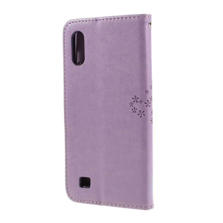 Funda de cuero sintético con soporte y cartera magnética con diseño de búho de árbol estampado para Samsung Galaxy A10 - Morado claro