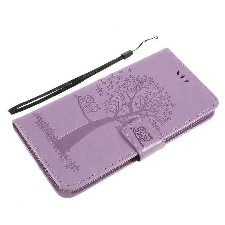 Funda de cuero sintético con soporte y cartera magnética con diseño de búho de árbol estampado para Samsung Galaxy A10 - Morado claro