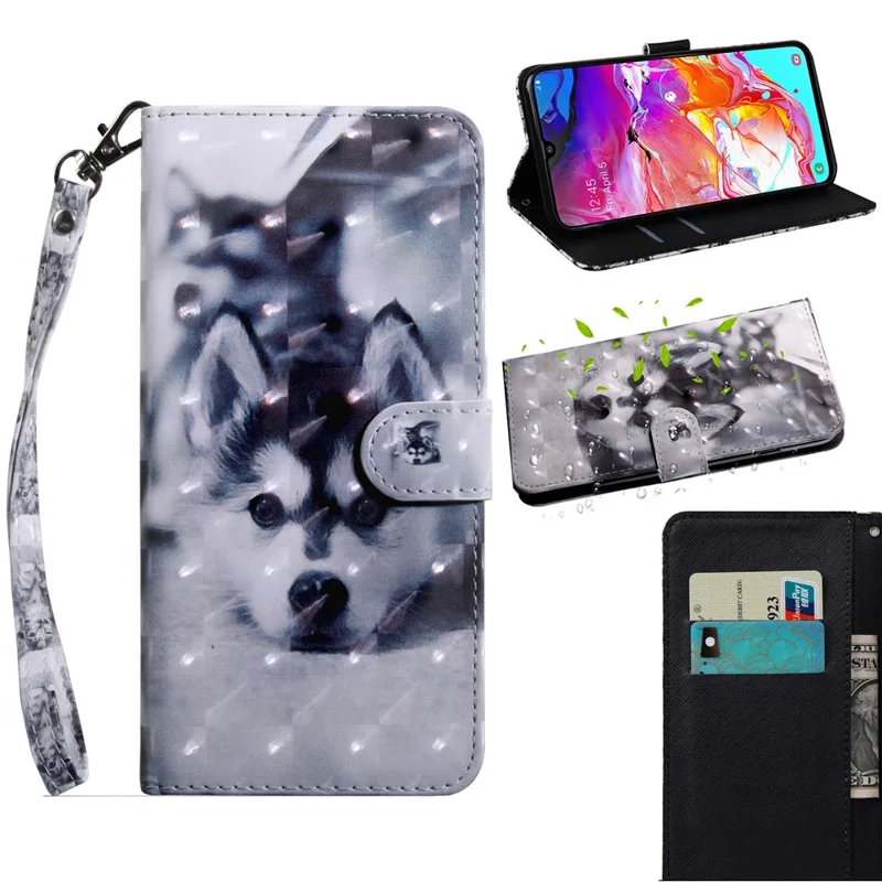 Patroonbedrukte Lederen Portefeuillestandaardhoes met Lichteffecten voor Samsung Galaxy A70 - Schattig Hondje