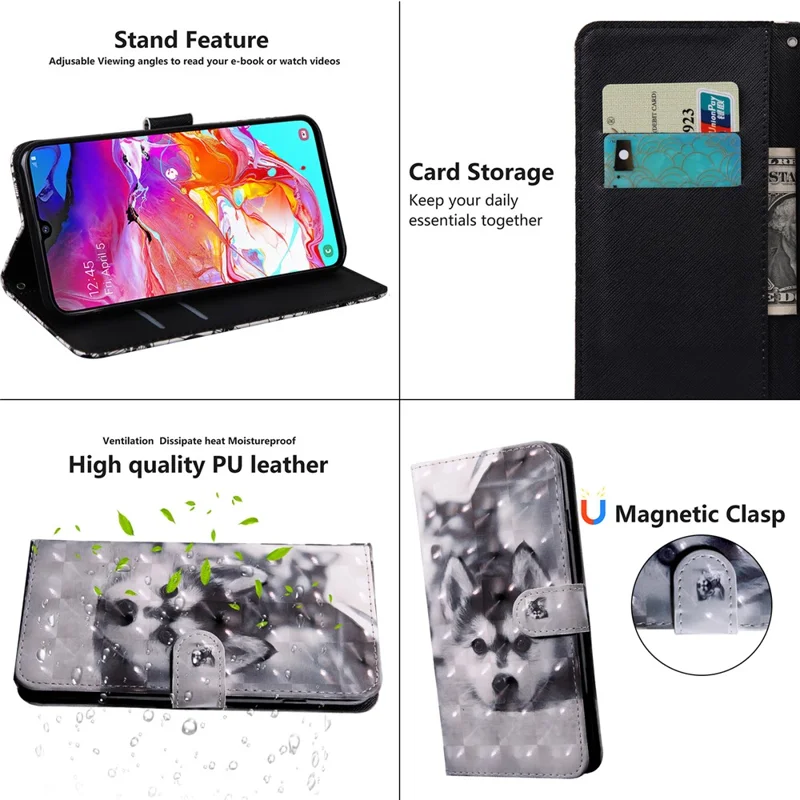 Patroonbedrukte Lederen Portefeuillestandaardhoes met Lichteffecten voor Samsung Galaxy A70 - Schattig Hondje