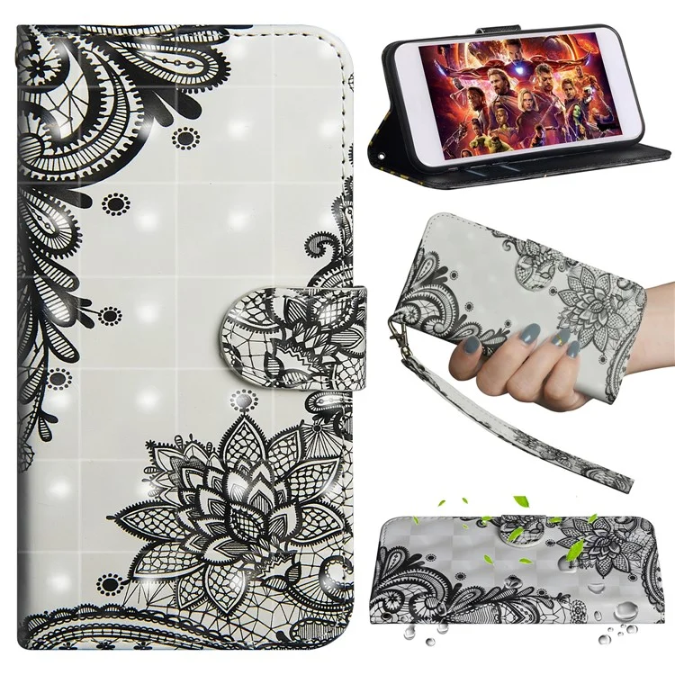 Caixa de Carteira de Couro Com Decoração de Ponto Leve Para Samsung Galaxy A50 / A50s / A30s - Flor Negra