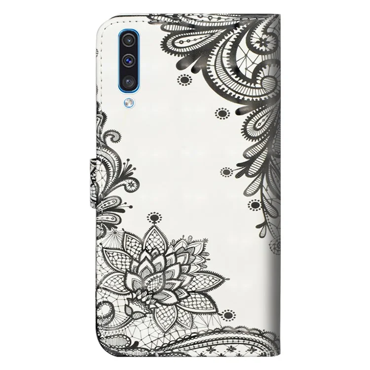 Caixa de Carteira de Couro Com Decoração de Ponto Leve Para Samsung Galaxy A50 / A50s / A30s - Flor Negra