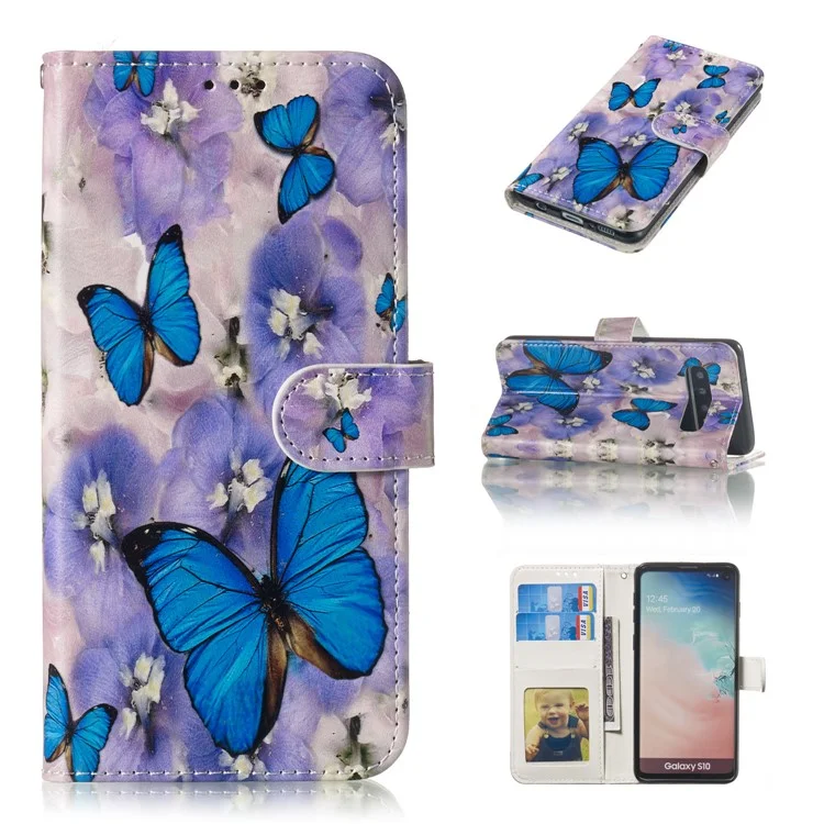 Para Samsung Galaxy S10 en Buque de Billetera de Cuero Estampado de Billetera de Cuero - Mariposa Azul