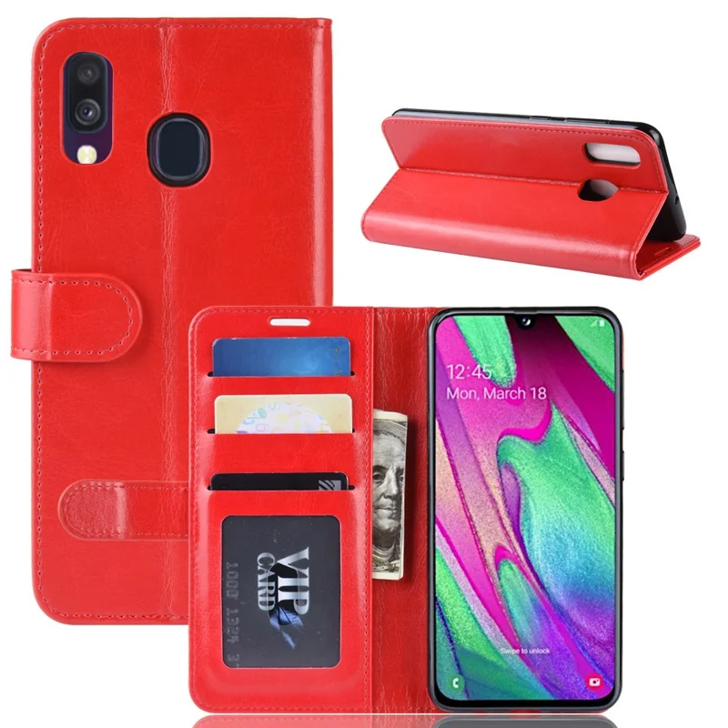 Crazy Horse PU Leather Flip Stand Cell Phone Cover with Wallet for Samsung Galaxy A40 - Red