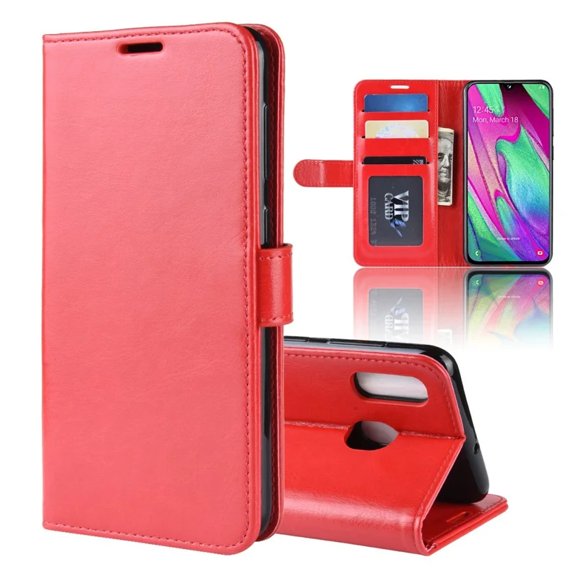 Crazy Horse PU Leather Flip Stand Cell Phone Cover with Wallet for Samsung Galaxy A40 - Red