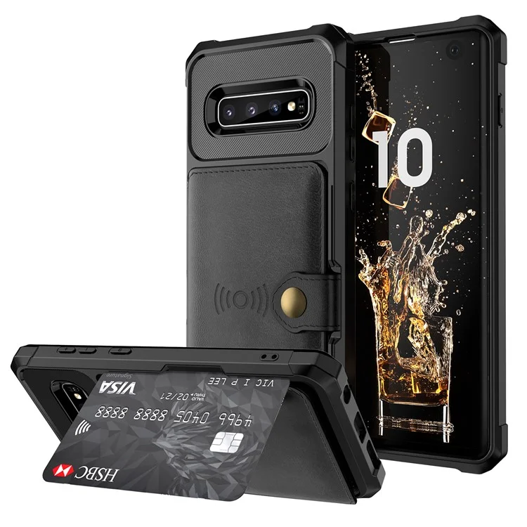 Per Samsung Galaxy S10 PU Leather Coated TPU Wallet Kickstand Case con Built-in Magnetic Sheet - Nero