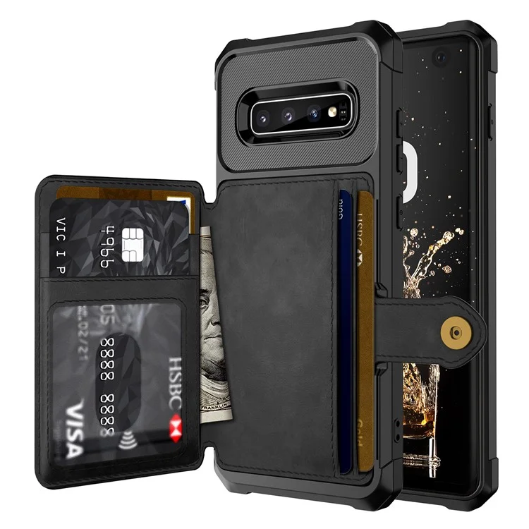 Per Samsung Galaxy S10 PU Leather Coated TPU Wallet Kickstand Case con Built-in Magnetic Sheet - Nero