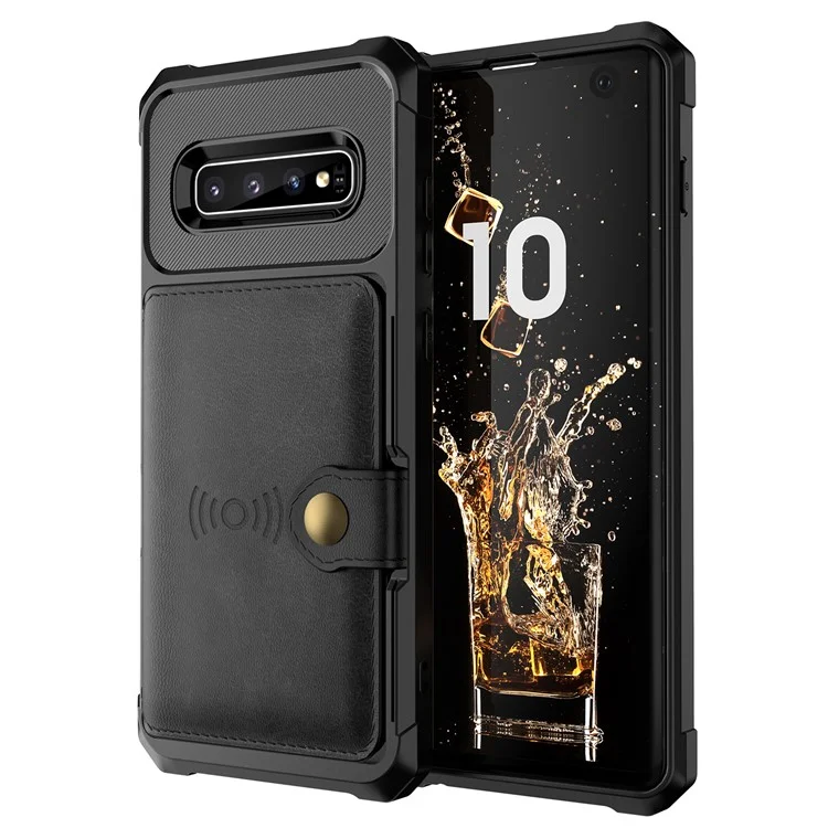 Per Samsung Galaxy S10 PU Leather Coated TPU Wallet Kickstand Case con Built-in Magnetic Sheet - Nero