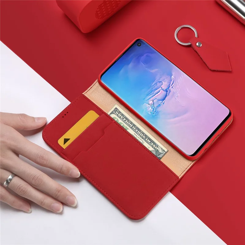 DUX DUCIS Wish Series Magnetic Closure Wallet Case Genuine Leather Stand Flip Book Cover for Samsung Galaxy S10 - Red