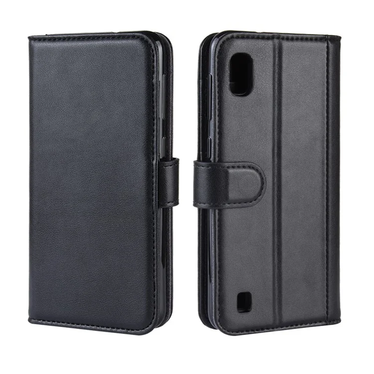 Genuine Split Leather Mobile Case with Wallet Stand for Samsung Galaxy A10 - Black