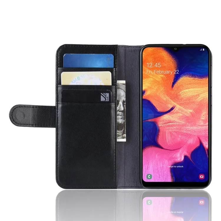 Genuine Split Leather Mobile Case with Wallet Stand for Samsung Galaxy A10 - Black