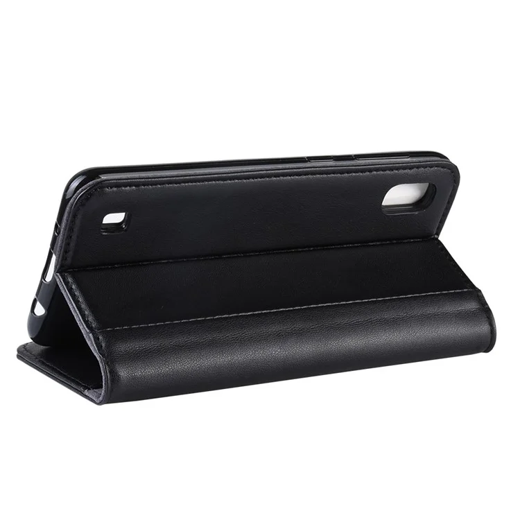 Genuine Split Leather Mobile Case with Wallet Stand for Samsung Galaxy A10 - Black