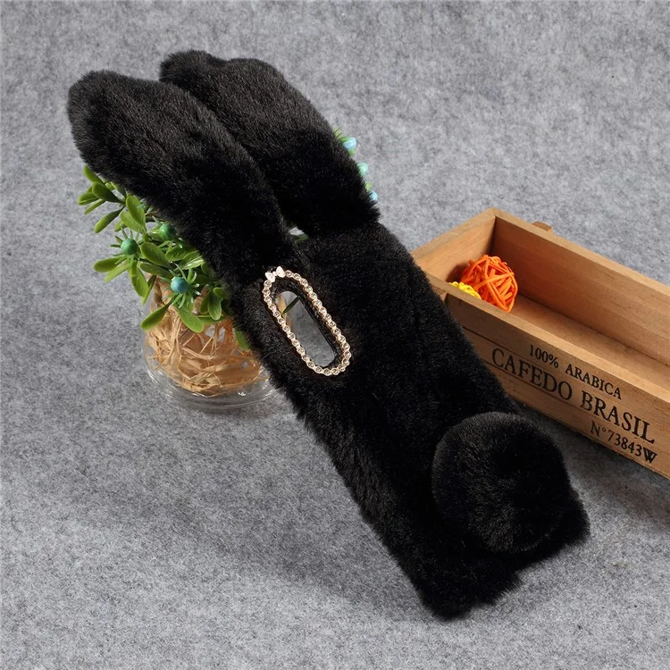 For Samsung Galaxy A50 / A50s / A30s Rabbit Shape Fluffy Fur Coated Rhinestone TPU Mobile Shell - Black