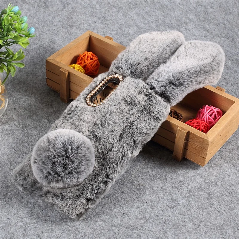 For Samsung Galaxy A50 / A50s / A30s Rabbit Shape Fluffy Fur Coated Rhinestone TPU Mobile Shell - Dark Grey