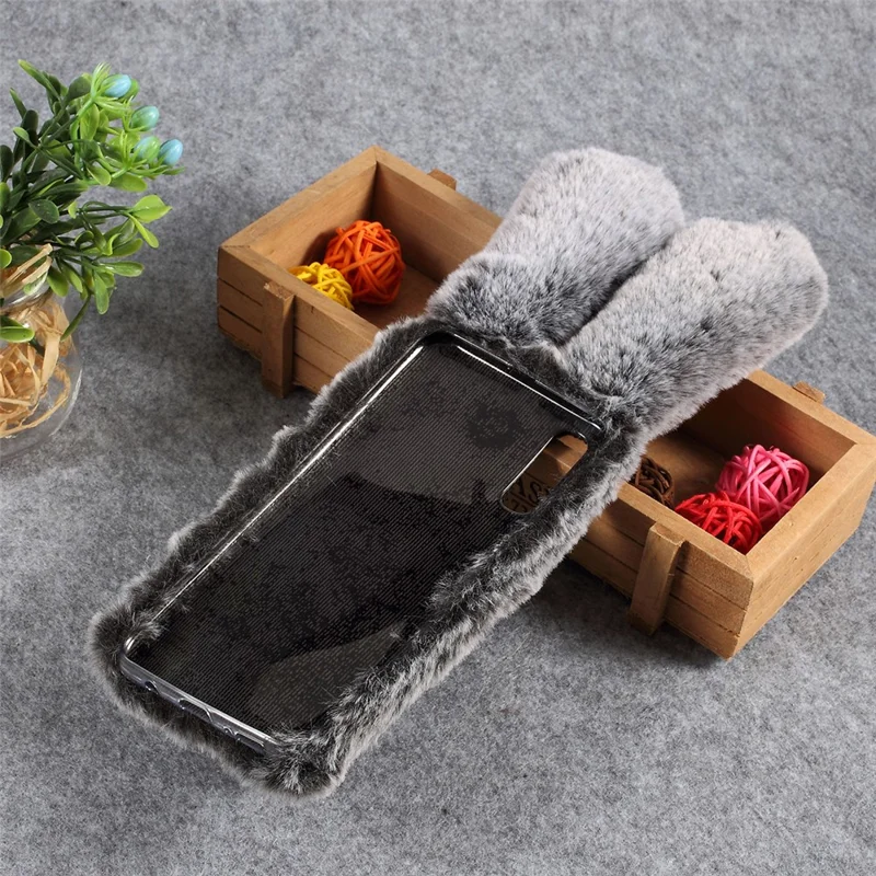 For Samsung Galaxy A50 / A50s / A30s Rabbit Shape Fluffy Fur Coated Rhinestone TPU Mobile Shell - Dark Grey