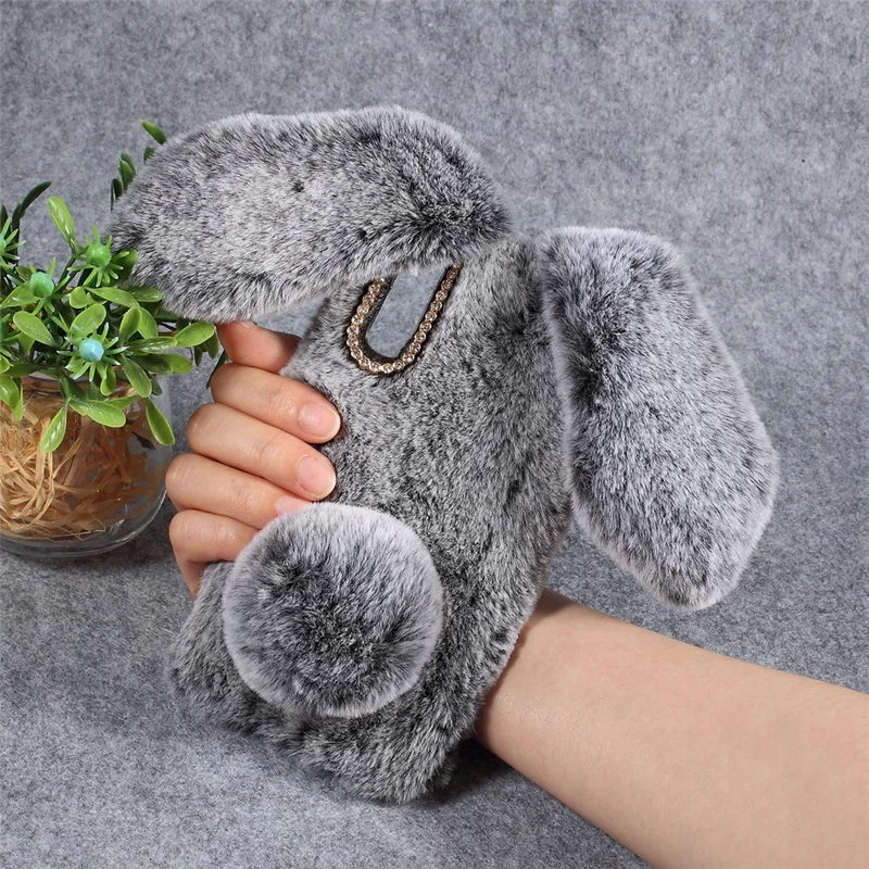 For Samsung Galaxy A50 / A50s / A30s Rabbit Shape Fluffy Fur Coated Rhinestone TPU Mobile Shell - Dark Grey