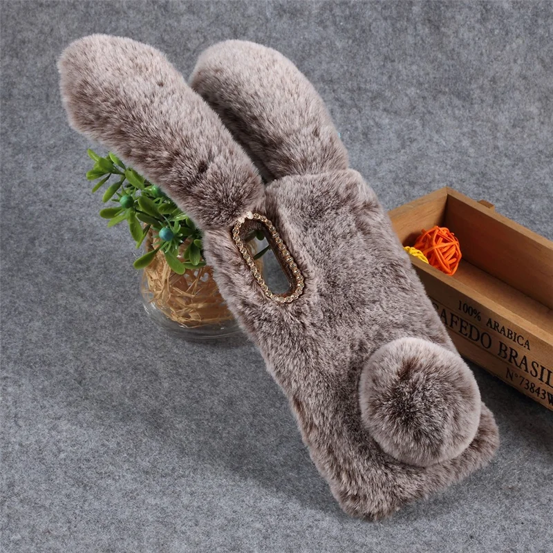 For Samsung Galaxy A50 / A50s / A30s Rabbit Shape Fluffy Fur Coated Rhinestone TPU Mobile Shell - Coffee