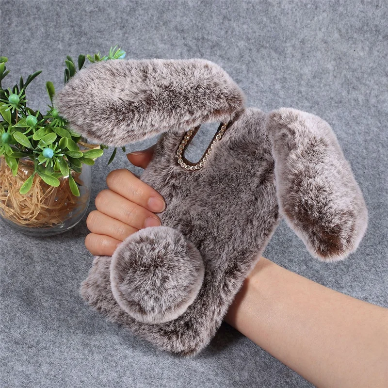 For Samsung Galaxy A50 / A50s / A30s Rabbit Shape Fluffy Fur Coated Rhinestone TPU Mobile Shell - Coffee